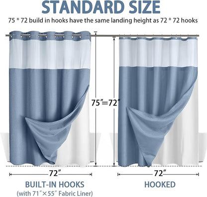 No Hook Shower Curtain and Liner Set,Sky Blue Hotel Waffle Shower Curtain with Liner 75" L x 72" W