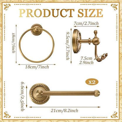 4 Pcs Antique Brass Gold Bathroom Accessories Set, Towel Ring, Toilet Paper Holder & Robe Hooks, Wall Mounted Brushed Solid Brass with Vintage Finish for Bathroom Decor Hardware Fixture Set