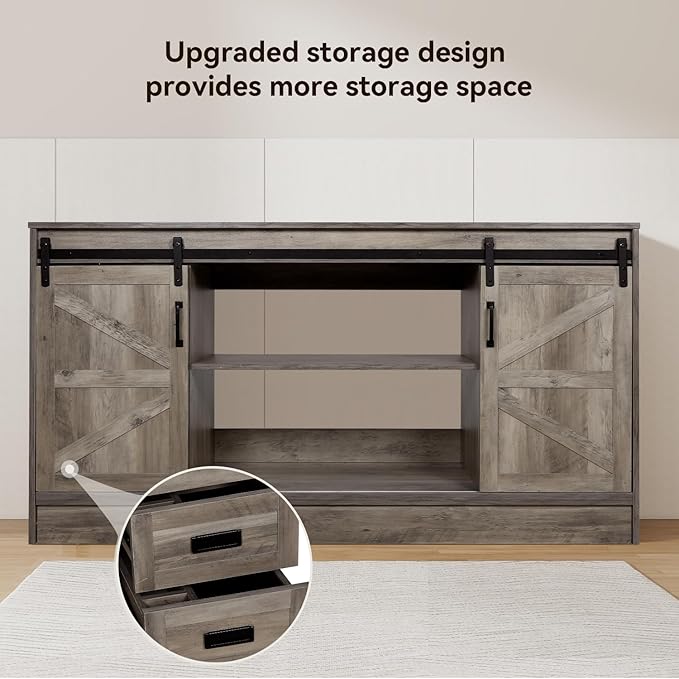 60" Barn Door Bathroom Vanity with 6 Drawers and Two Doors, Farmhouse Style Standing Pedestal Cabinet with Two Grey Glass Vessel Sinks