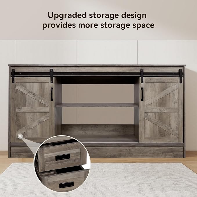 60" Barn Door Bathroom Vanity with 6 Drawers and Two Doors, Farmhouse Style Standing Pedestal Cabinet with Two Black Ceramic Sinks