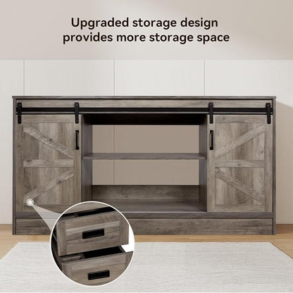 60" Barn Door Bathroom Vanity with 6 Drawers and Two Doors, Farmhouse Style Standing Pedestal Cabinet with Two Black Ceramic Boat Sink