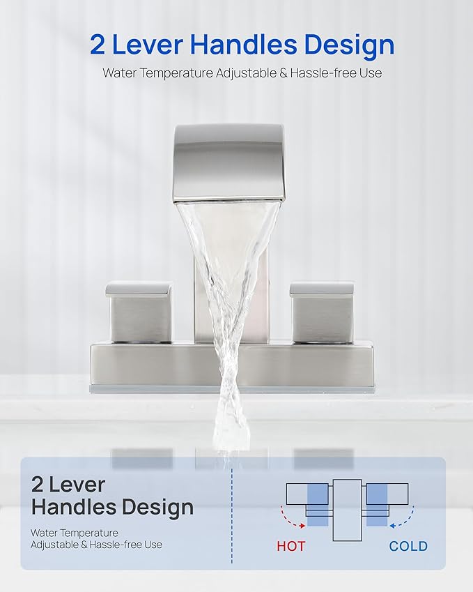 Waterfall Bathroom Sink Faucet Set with Pop Up Drain Stopper & Supply Lines - 4 Inch 2 Handles Centerset Faucet 2 or 3 Hole Lavatory Faucet Bathroom Vanity Mixer Tap Basin Faucets Brushed Nickel