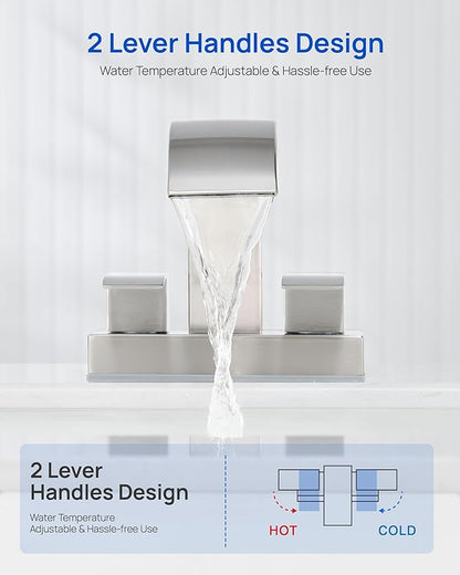 Waterfall Bathroom Sink Faucet Set with Pop Up Drain Stopper & Supply Lines - 4 Inch 2 Handles Centerset Faucet 2 or 3 Hole Lavatory Faucet Bathroom Vanity Mixer Tap Basin Faucets Brushed Nickel