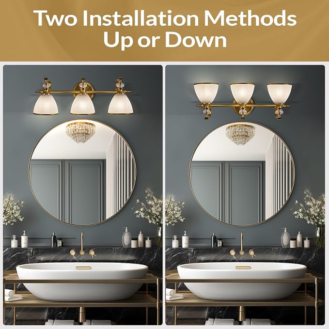 Bathroom Light Fixture, 3-light Brass Vanity Light, Vintage Bathroom Lights Over Mirror with Crystal Beads, Wall Sconce Lighting with Frosted Milky Glass Shade, E26 Base (Bulbs Not Included)