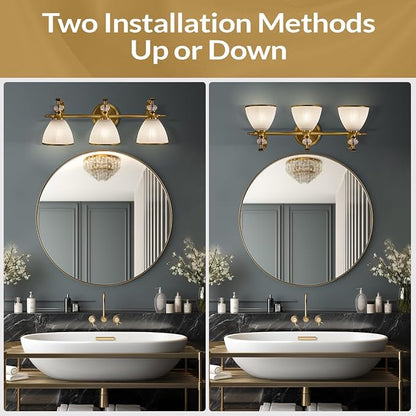 Bathroom Light Fixture, 3-light Brass Vanity Light, Vintage Bathroom Lights Over Mirror with Crystal Beads, Wall Sconce Lighting with Frosted Milky Glass Shade, E26 Base (Bulbs Not Included)