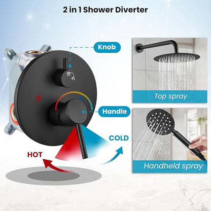 gotonovo High Pressure Shower System Valve and Trim Kit,Matte Black | Round Rain 10 Inch Shower Head with Handheld Faucet Set Complete,Rough In Valve,2-in-1 Diverter,All Metal,Bathroom Wall Mount