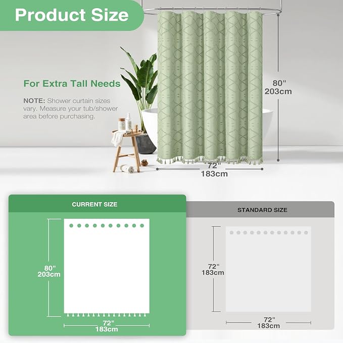 Long Boho Shower Curtain Tufted Geometric 72"x80" Sage Green | 80 Inch Tall, Elegant Tassel, Lightweight Textured Fabric, Water Repellent, Washable, Hotel Spa, for Bathroom/Dorm 12 Hooks