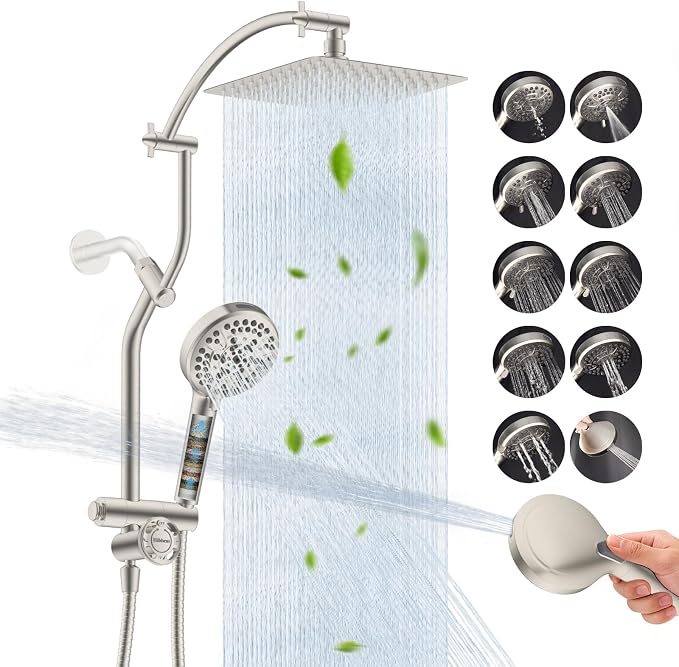 Hibbent 10'' Metal Showerhead & 10 Mode Filtered Handheld, Brushed Nickel | High Pressure Stainless Steel Showerhead, 4-way Diverter, Heightened All Metal Extension Arm, 71'' Hose & Holder, Easy Reach
