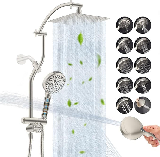 Hibbent 10'' Metal Showerhead & 10 Mode Filtered Handheld, Brushed Nickel | High Pressure Stainless Steel Showerhead, 4-way Diverter, Heightened All Metal Extension Arm, 71'' Hose & Holder, Easy Reach