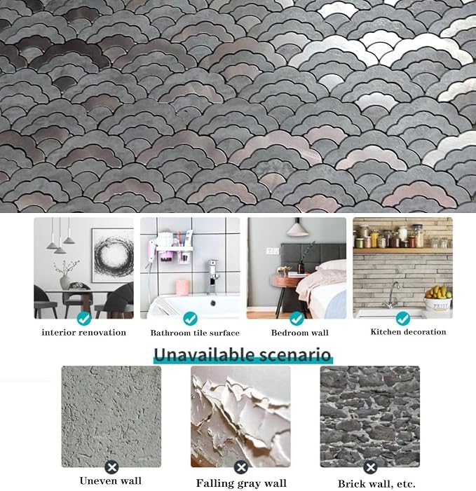 XUANINY 7-Sheet Peel and Stick Metal Backsplash Tiles, Self Adhesive Cloud-Shaped Aluminum Mosaic 3D Wall Sticker for Kitchen Bathroom Living Room Decor (Grey, 11)