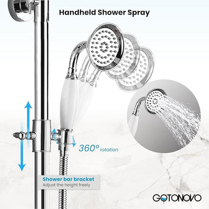 gotonovo Bathroom Exposed Shower Faucet Outdoor Shower System 8 Inch Rainfall Shower Head Set with Tub Spout and Handheld Spray Double Cross Handles Wall Mount with Shower Shelf Polished Chrome