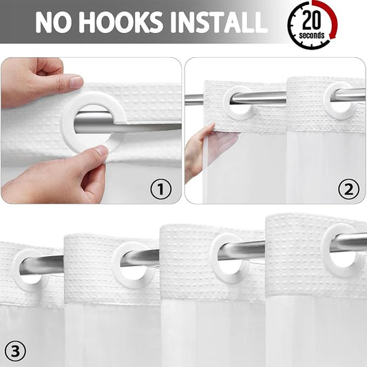 No Hook Shower Curtain with Liner Set Hotel Waffle Curtain White 60W X 75L | Washable Snap in Fabric Liner, Mesh Top Window, Waffle Hotel Style Shower Curtain Set