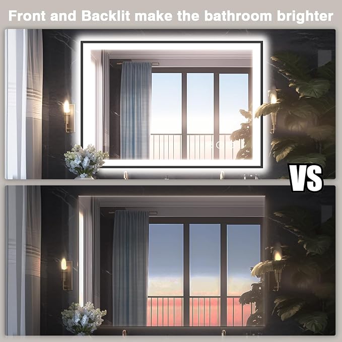EchosLife 40x30 LED Lights Bathroom Mirror - Black Aluminum Rimmed | Black Frame, Front and Backlit, Anti-Fog, Stepless Dimmable, 3 Colors, Memory, Tempered Glass, UL Listed, Horizontal/Vertical