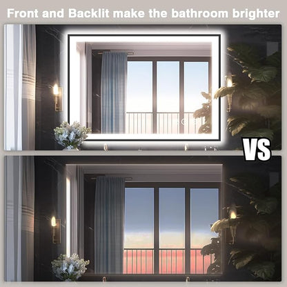 EchosLife 40x30 LED Lights Bathroom Mirror - Black Aluminum Rimmed | Black Frame, Front and Backlit, Anti-Fog, Stepless Dimmable, 3 Colors, Memory, Tempered Glass, UL Listed, Horizontal/Vertical