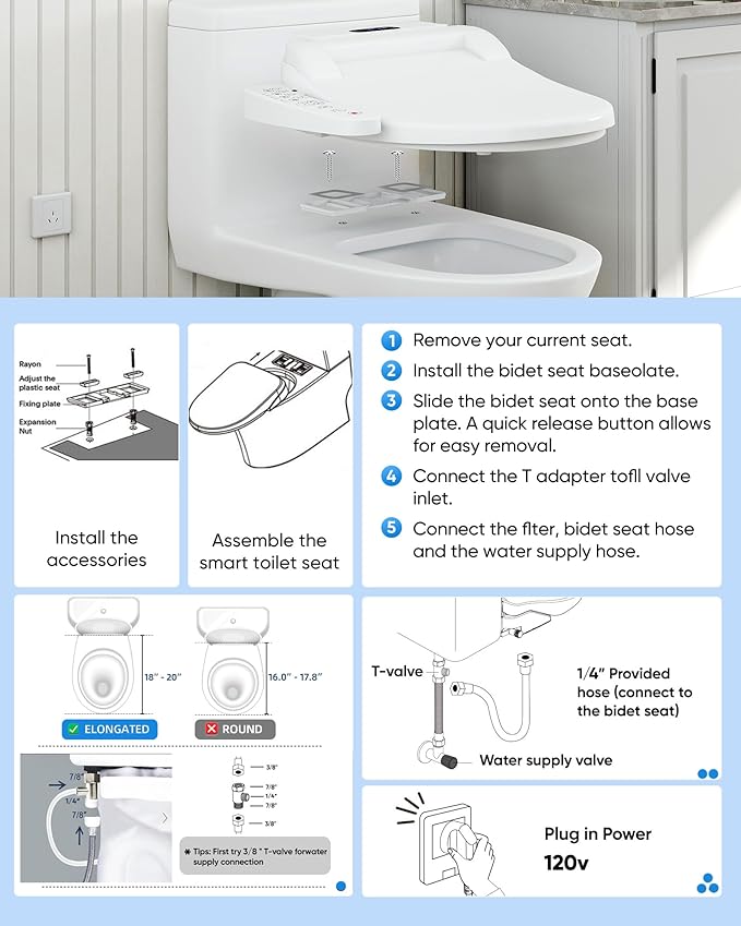 Upgrade Bidet Toilet Seat Elongated, Rear and Feminine Wash, Unlimited Warm Water, Heated Seat, Warm Air Drying, Soft Close Lid, Sense Seat