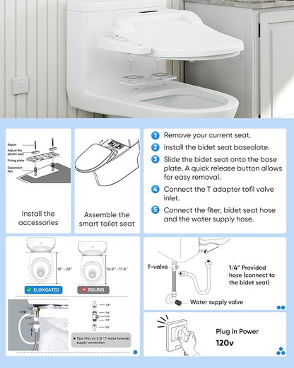 Upgrade Bidet Toilet Seat Elongated, Rear and Feminine Wash, Unlimited Warm Water, Heated Seat, Warm Air Drying, Soft Close Lid, Sense Seat