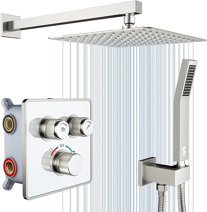 SR SUN RISE 100℉ Thermostatic Shower System,10" Luxury Rainfall Shower Head and High-Pressure Handheld Bathroom Shower Faucet Set,Shower Valve and Trim Kit Included (Brushed Nickel)