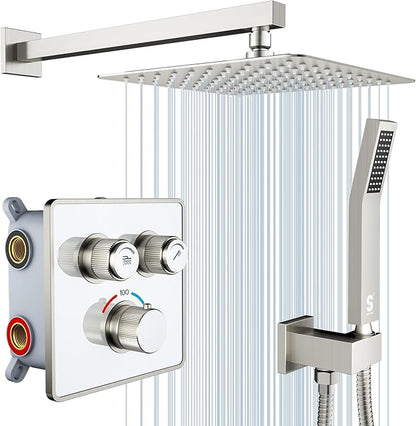 SR SUN RISE 100℉ Thermostatic Shower System,10" Luxury Rainfall Shower Head and High-Pressure Handheld Bathroom Shower Faucet Set,Shower Valve and Trim Kit Included (Brushed Nickel)