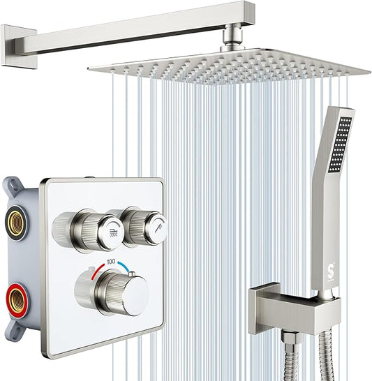 SR SUN RISE 100℉ Thermostatic Shower System,10" Luxury Rainfall Shower Head and High-Pressure Handheld Bathroom Shower Faucet Set,Shower Valve and Trim Kit Included (Brushed Nickel)