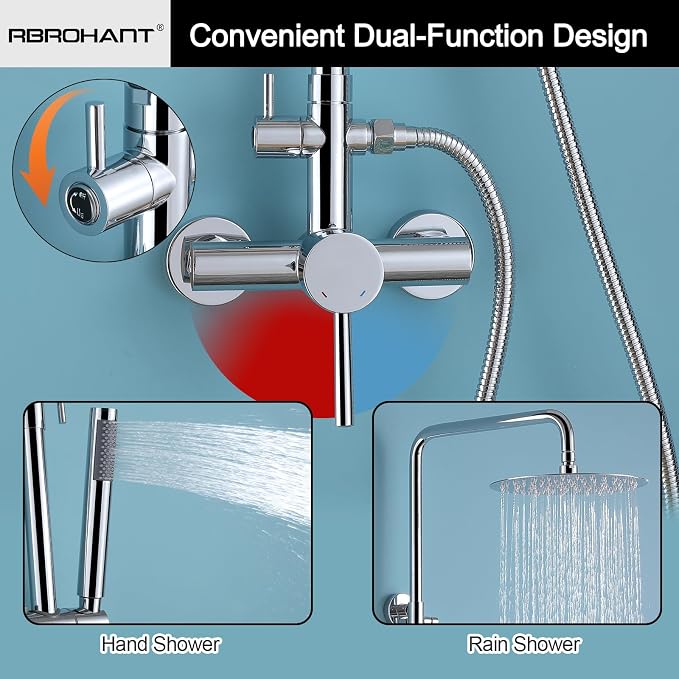 RBROHANT Outdoor Shower, Wall Mount Outdoor Shower Kit, Outside Shower Faucet with Height Adjustable Rain Shower and Handheld, Exposed Shower System for Pool, Wall Mounted, Polished Chrome, JK0146