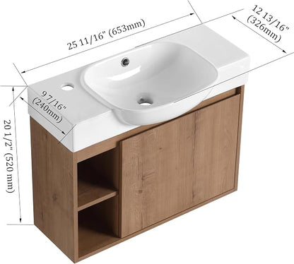 26" Bathroom Vanity with Sink, Farmhouse Cabinet, Natural Oak | Curved Sink Ceramic, Soft-Close Door, Interior Compartment and 2-Tier Open Side Shelves, 45° Inclined Edge Handle