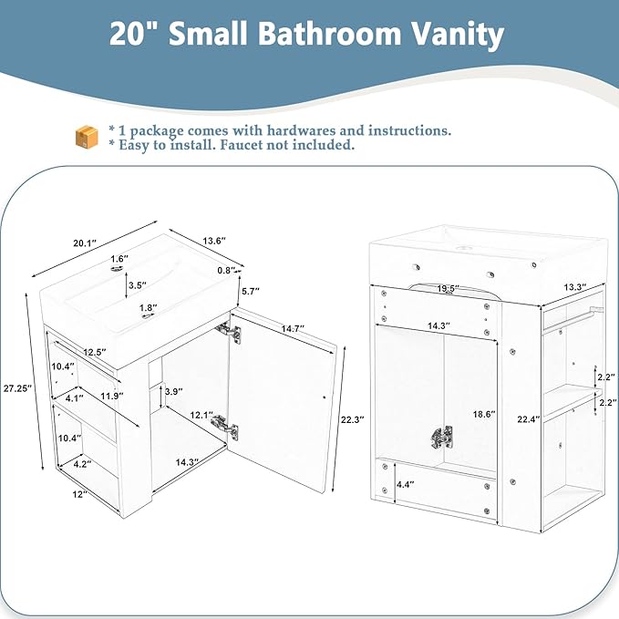 20" Floating Small Bathroom Vanity with Sink, Wall Mounted Vanity for Compact Bathrooms, Space-Saving Narrow Bathroom Vanities with Soft-Close Door Open Shelf Towel Bar (White,20" Floating Door)