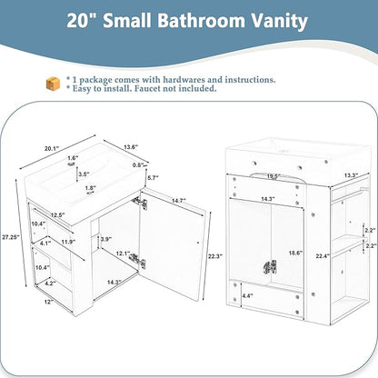 20" Floating Small Bathroom Vanity with Sink, Wall Mounted Vanity for Compact Bathrooms, Space-Saving Narrow Bathroom Vanities with Soft-Close Door Open Shelf Towel Bar (White,20" Floating Door)