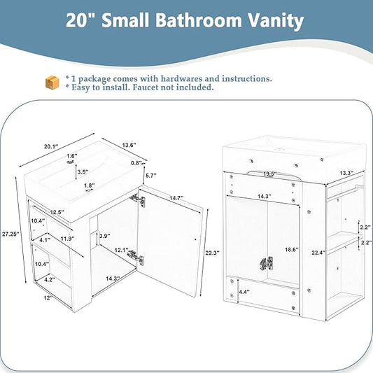 20" Floating Small Bathroom Vanity with Sink, Wall Mounted Vanity for Compact Bathrooms, Space-Saving Narrow Bathroom Vanities with Soft-Close Door Open Shelf Towel Bar (White,20" Floating Door)