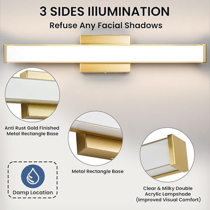 Modern LED Bathroom Vanity Light 24 inch 18W Dimmable 3CCT Bathroom Light Fixture Over Mirror Rectangle Bath Vanity Light Bar with Double Layer Acrylic Shade (Golden)