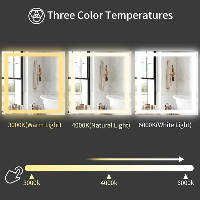 Koonmi 40x40 LED Bathroom Mirror, Shatterproof Mirror with Light | 90CRI Vanity Mirror with Anti-fog Backlit + Front Lit, 3 Color, Easy Install for Bathroom Hotel (IP65)