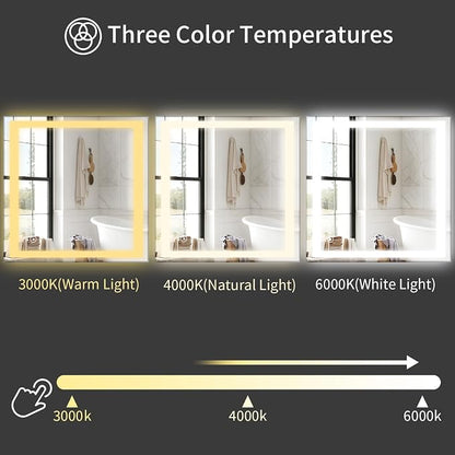 Koonmi 40x40 LED Bathroom Mirror, Shatterproof Mirror with Light | 90CRI Vanity Mirror with Anti-fog Backlit + Front Lit, 3 Color, Easy Install for Bathroom Hotel (IP65)