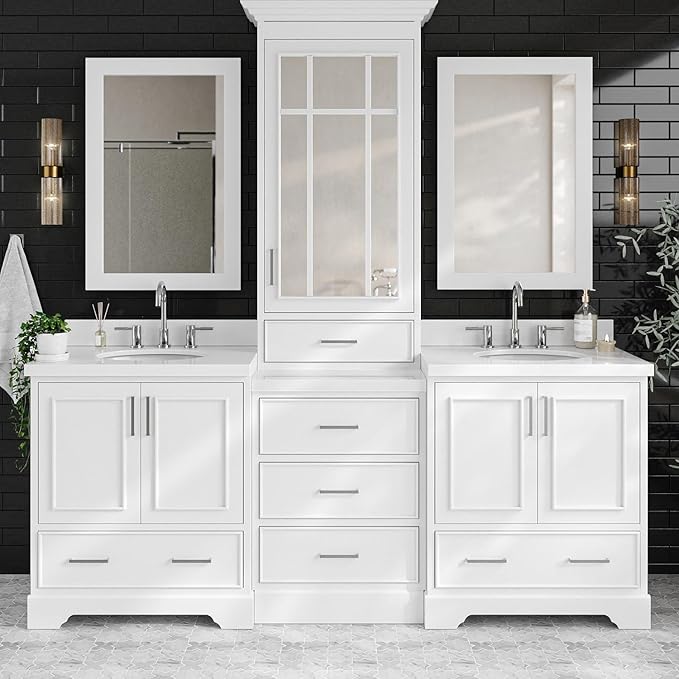 ARIEL Stafford 84-inch Bathroom Vanity with Sink,Solid Wood, 1.5in Pure White Quartz Countertop & Backsplash, Double Oval Porcelain Sink, 4 Soft Closing Doors, 5 Dovetail Drawers, White