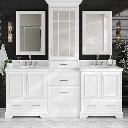 ARIEL Stafford 84-inch Bathroom Vanity with Sink,Solid Wood, 1.5in Pure White Quartz Countertop & Backsplash, Double Oval Porcelain Sink, 4 Soft Closing Doors, 5 Dovetail Drawers, White