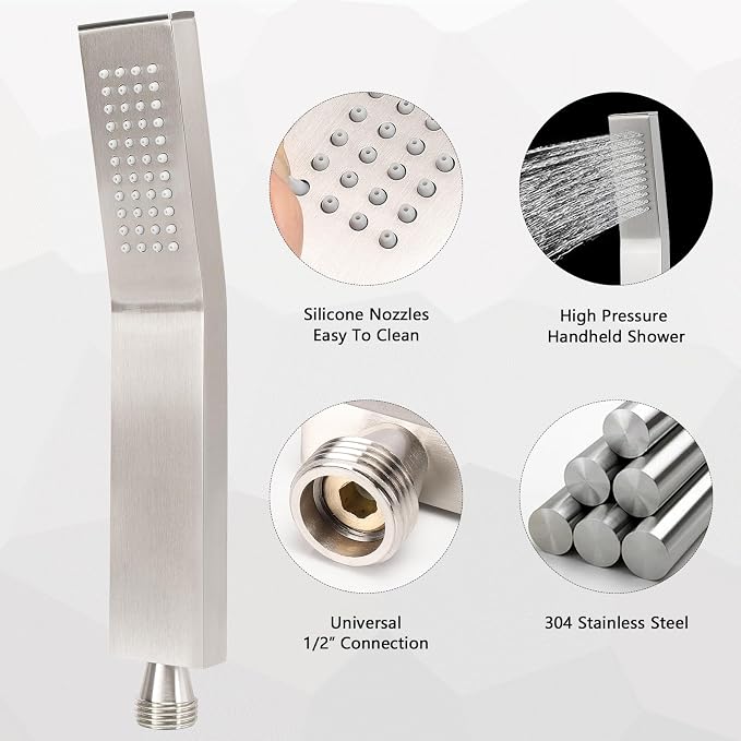 NearMoon Hand Held Shower Head, Luxury High Pressure Shower Kit with Wall Connector and Hose Set, for Bathroom Showering System Contemporary Square Style (Brushed Nickel)