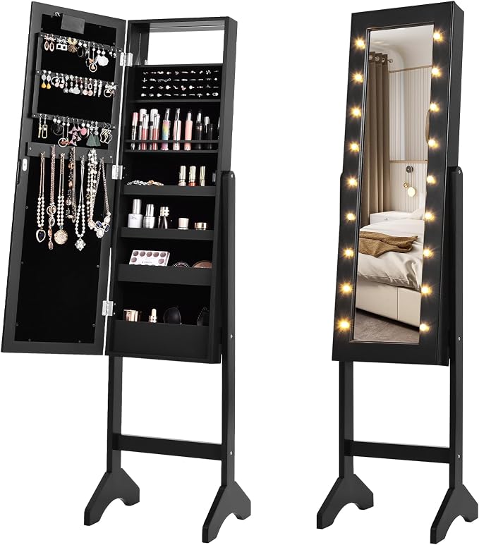 Jewelry Armoire with 18 LED Lights, Freestanding Jewelry Organizer with Full-length Mirror, Large Storage Mirrored Jewelry Cabinet with 16 Lipstick Holders, for Bedroom, Dressing Room (Black)