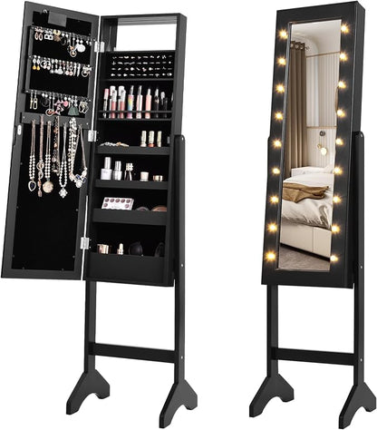 Jewelry Armoire with 18 LED Lights, Freestanding Jewelry Organizer with Full-length Mirror, Large Storage Mirrored Jewelry Cabinet with 16 Lipstick Holders, for Bedroom, Dressing Room (Black)