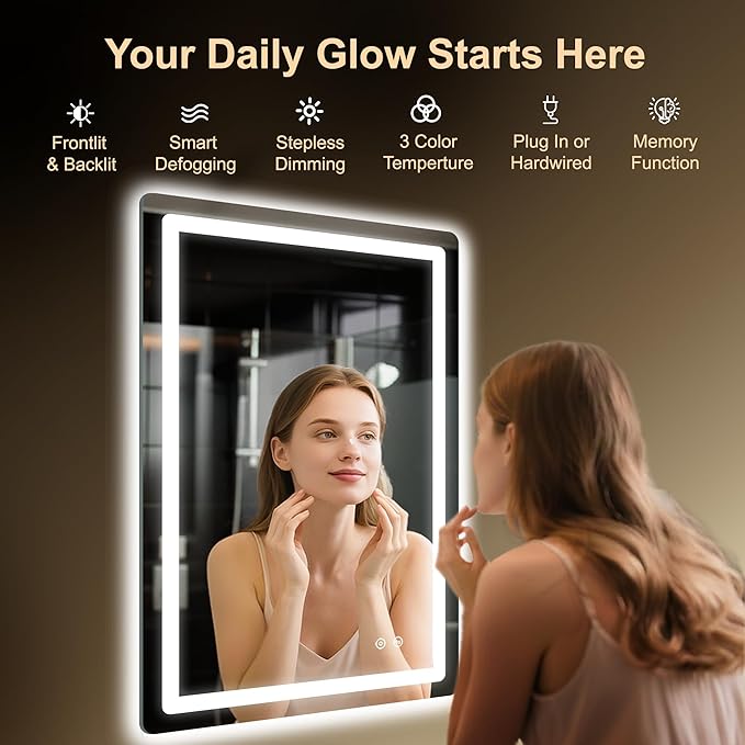 LED Bathroom Mirror, 36"x24" Bathroom Vanity Mirror with Lights for Wall, Smart Anti-Fog, Stepless Dimmable with 3 Color Mode, Backlit + Front Lit, Memory Function, ETL Listed