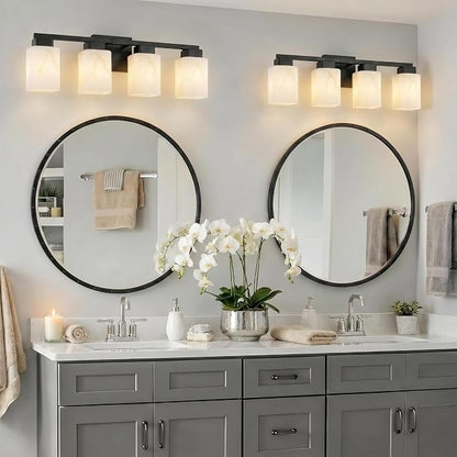 4-Light Square Bathroom Light Fixture, Black Modern Vanity Light with White Marble Glass Shade, for Bathroom Mirror, Living Room, Bedroom, Hallway, E26 Base