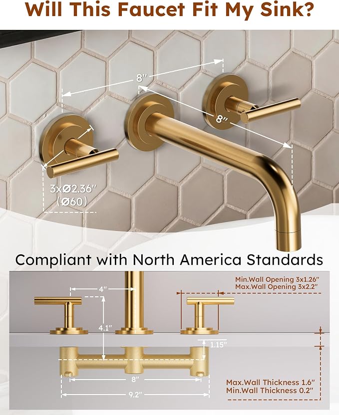 Wall Mount Bathroom Faucet - WOWOW Brushed Gold Bathroom Sink Faucet - 2 Handle Wall Mount Vessel Sink Faucet 3 Holes Elegant Classic Spout Rough in Brass Valve Included