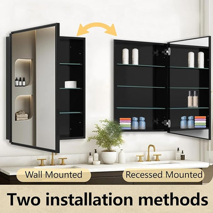 Bathroom Medicine Cabinet with Mirror, Recess or Surface Mount, Single Door Cabinet Famerhouse Bathroom Mirror with Storage Cabinet (Brush Black, 16"x26")