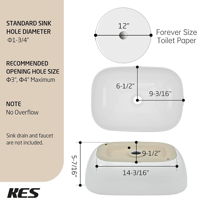 KES 18" x 13" Rectangle Vessel Sink for Bathroom Vanity Countertop, Glossy White Ceramic Porcelain Bathroom Sink Bowl Above Counter, Modern Look, BVS140