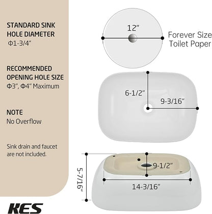 KES 18" x 13" Rectangle Vessel Sink for Bathroom Vanity Countertop, Glossy White Ceramic Porcelain Bathroom Sink Bowl Above Counter, Modern Look, BVS140