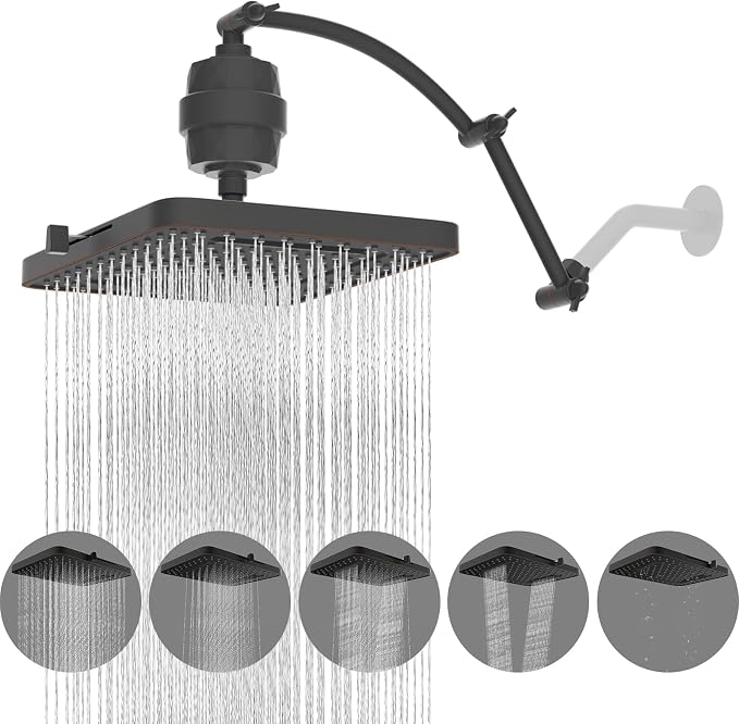 Hibbent Rain Filtered Shower Head, 13'' High Pressure Rainfall 5 Modes Showerhead with 16" Shower Head Extension Arm, Brass Adjustable Shower Arm Extender, 20 Stage Shower Filter, Oil Rubbed Bronze