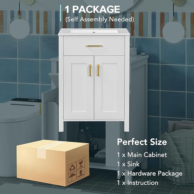 24" Bathroom Vanity with Sink, Modern Bathroom Vanity 24 Inch with Sink, 24 Bathroom Sink Vanity with Flip Drawer, Cabinet and Door Shelves, 24" Vanity with Sink for Bathroom (White)