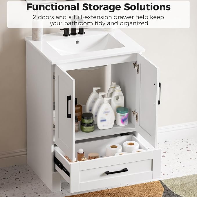 IRONCK 24" Bathroom Vanity with Sink, 1 Soft-Close Drawer & 2 Doors, White | Freestanding Bathroom Vanity, Integrated Ceramic Sink, Modern Bathroom Storage Cabinet for Small Space, Easy Assembly