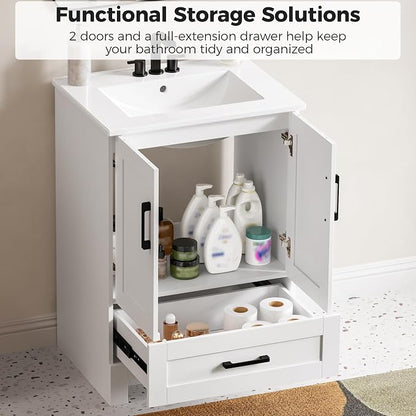 IRONCK 24" Bathroom Vanity with Sink, 1 Soft-Close Drawer & 2 Doors, White | Freestanding Bathroom Vanity, Integrated Ceramic Sink, Modern Bathroom Storage Cabinet for Small Space, Easy Assembly