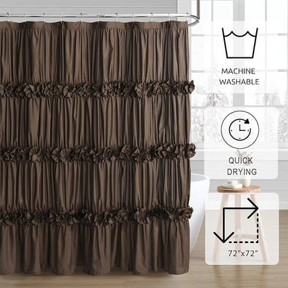 Homechoice Decor Victorian Chocolate Ruffle Shower Curtain 72" W x 72" H | Vintage Handcrafted Bow Tie Bath Curtain for Master Bathroom, Ruched Microfiber Bathroom Curtain with 12 Buttonholes (LQ-10)