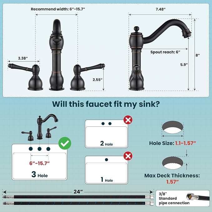 gotonovo Bathroom Sink Faucet 3 Hole 8 Inch Widespread, Oil Rubbed Bronze | Bathroom Vanity Faucet Double Lever Handle Vintage Deck Mount, Pop Up Drain and cUPC Supply Lines, for Lavatory Farmhouse RV