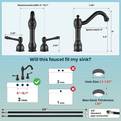 gotonovo Bathroom Sink Faucet 3 Hole 8 Inch Widespread, Oil Rubbed Bronze | Bathroom Vanity Faucet Double Lever Handle Vintage Deck Mount, Pop Up Drain and cUPC Supply Lines, for Lavatory Farmhouse RV
