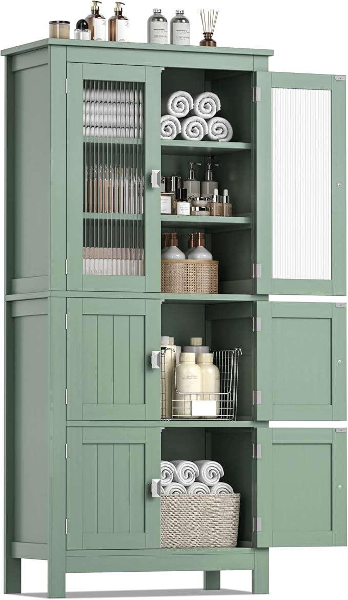Akxomel 53.1" Tall Bathroom Cabinet 6 Doors Linen Floor Storage Cabinet | Bathroom Floor Cabinet with Adjustable Shelf, Pantry Cabinet for Living Room, Kitchen, Entryway, Green
